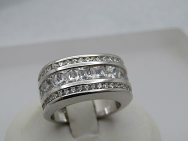 Sterling CZ Wide Band Ring, Sz. 6, Signd Seta, 1990's