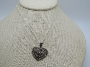 Vintage Sterling Marcasite Heart Necklace, 18", Signed MA