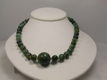 Vintage Green Agate Beaded Necklace, 10.5mm and 18mm Beads, 18", 1970's-1980's