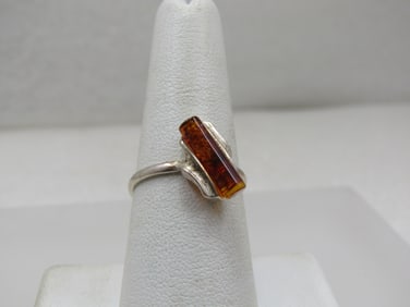 Sterling Silver Amber Tubular Ring, Sz. 8