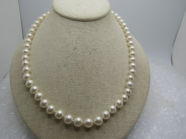 Vintage 8mm Faux Pearl Necklace, Knotted Between 20", Signed WLind, 14kt EP