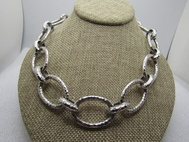 Vintage Hammered Oval Link Necklace, 1" wide, 19", 1980's-1990's