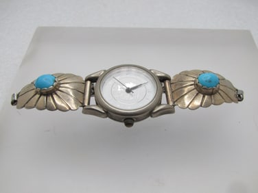 Vintage Sterling Turquiose Southwestern Ladies Watch, 6.75" Stretch Band, 1980's-1990's