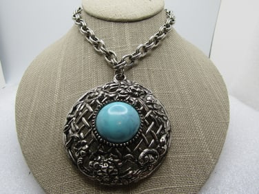 Vintage Faux Turquoise Medallion Necklace, 16"-19" Chunky, 1970's-1980's
