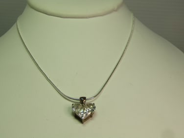 Vintage Sterlnig Heart CZ Necklace on 18" Serpentine Chain, 1980's-1990's