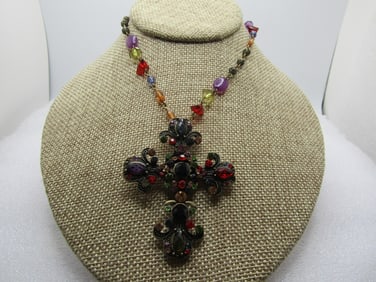 Rhinestone Fleur-de-Lis Cross Necklace, 19", 1980's-1990's. Gold tone with a six row drop that