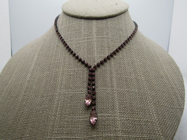 Vintage Pink Rhinestone Necklace, 16.5", Black Metal, Chico's, 1980's-1990's