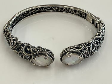 Estate Carolyn Pollack Sterling Silver Quartz Side Open Doublet Bangle Cuff Bracelet