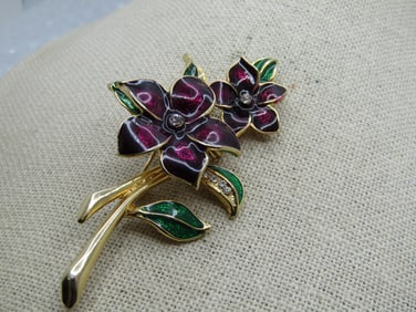 Vintage Purple & Green Enameled Floral Stem Brooch, with Rhinestones