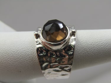 Sterling Smoky Topaz Wide Hammered Band Ring, Sz. 8,