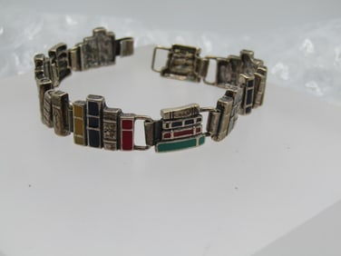 Vintage Sterling Enameled Book Bracelet, 6.75", Signed S