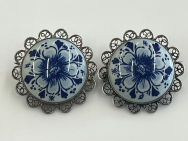 Vintage Delft Silver Filigree Ceramic Brooch/Pin