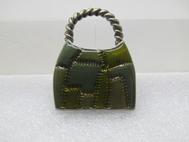 Vintage Green Enameled Purse Brooch, 1980's-1990's