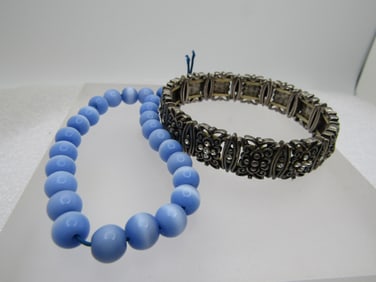 Vintage Pair Stretch Bracelets, Blue Moonstone, and Rhinestone Scrolled, 1980's-1990's