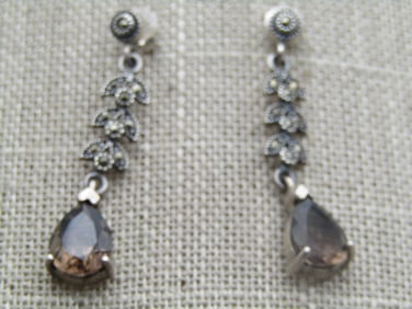 Vintage Sterling Marcasite Smoky Topaz Earrings, Pierced, Signed R.J. , 1980's-1990'