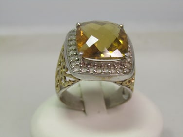 Sterling Citrine & Topaz Statement Ring, Sz. 10.5, CTW 8.92, 1990's