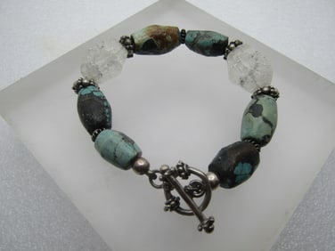 Vintage Sterling Turquoise & Clear Stone Bracelet, Southwestern, 8", 1980's-1990's