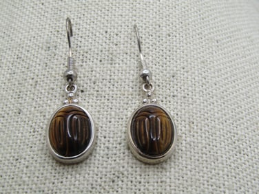 Vintage Tiger's Eye Scarab Earrings, Sterling & Silver tone, 1980's-1990's