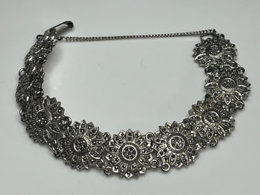Vintage Marcasite Floral Link Sterling Silver Bracelet