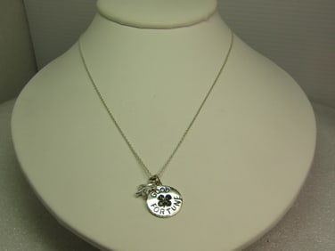 Sterling Good Fortune/Lucky Pendant Neckalce, Four-Leaf Clover, CZ, Signed Marsala, 18",