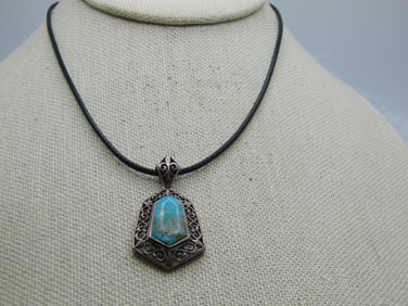 Vintage Sterling Turquoise Filigree Necklace, 20" Black Cord, Signed NF, 1980's-1990's