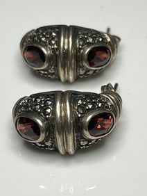 Estate Sterling Silver Marcasite and Garnet Earrings