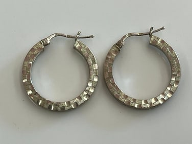 Vintage Sterling Silver Checkered Pattern Hoop Earrings