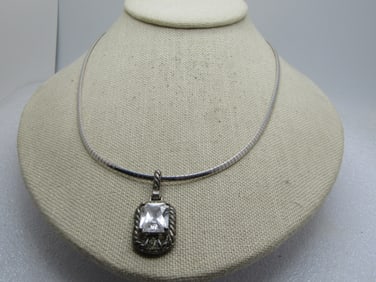 Vintage Sterling Omega Necklace with Clear Rhinestone Slide, 18", 1980's-1990's