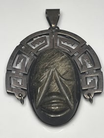 Vintage TAXCO 925 Sterling Silver and Carved Stone Pendant