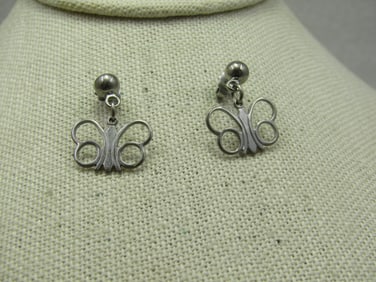 Vintage Silver Tone Butterfly Earrings, Pierced, Stud/Dangle