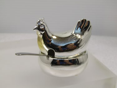 Vintage Silver Tone Hen on Nest Salt Cellar, with Spoon 1960's-1970's , Japan