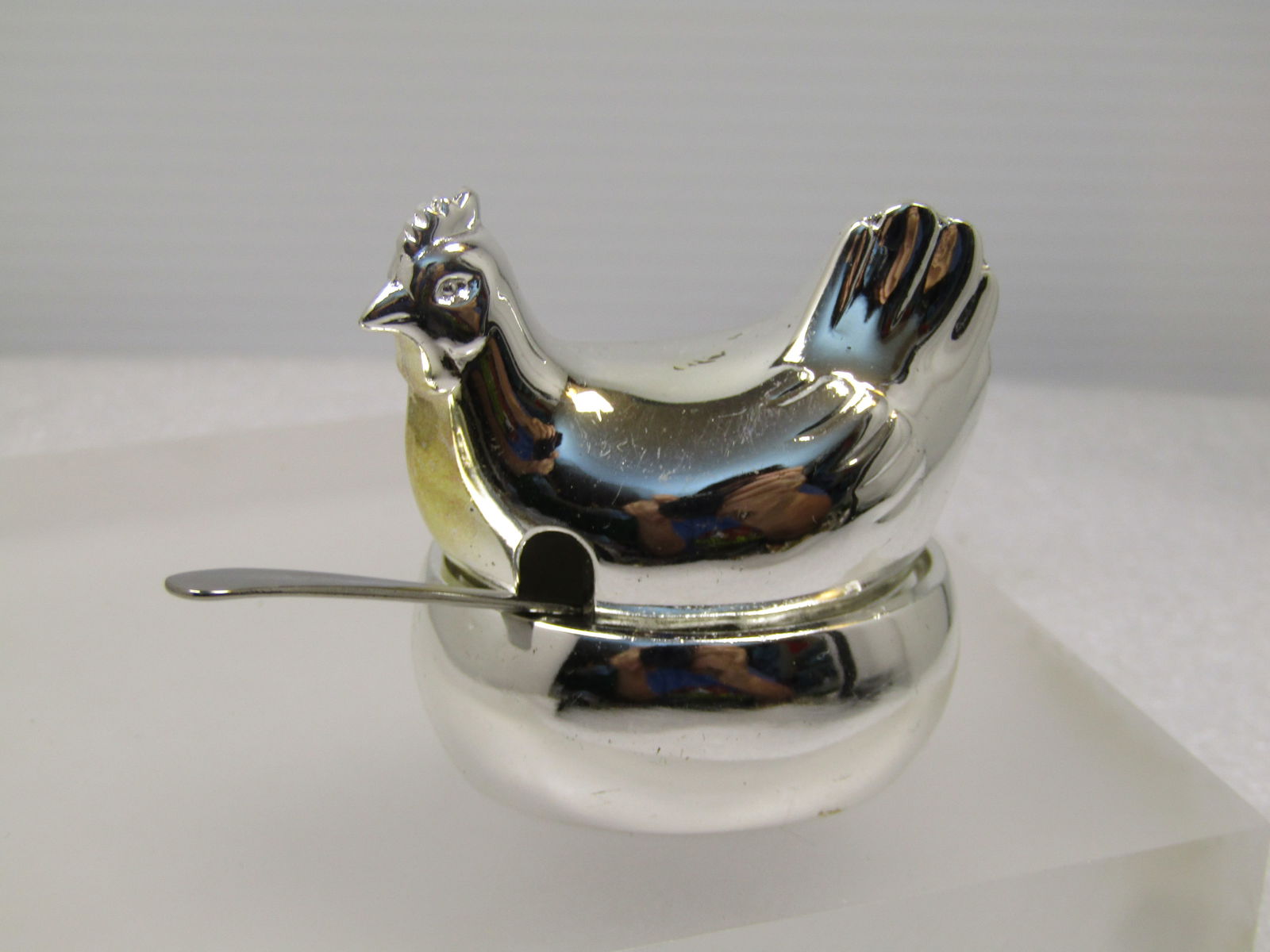 Vintage Silver Tone Hen on Nest Salt Cellar, with Spoon 1960's-1970's , Japan (1 of 8)
