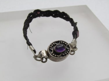 Vintage Sterling Amethyst Box Clasp Bracelet, Woven Beaded, 6.5", 1980's-1990's