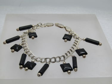 Vintage Sterling Black Onyx Dangle Bracelet, 7" , 1980's-1990's