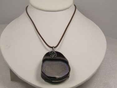 Brown Montana Druzy Agate Pendant on Brown Cord Necklace, 18"-20", 1980's-1990's