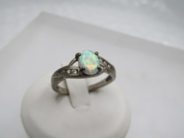 Vintage Sterling Created Opal & CZ Ring, Sz. 8.75, Signed RJ