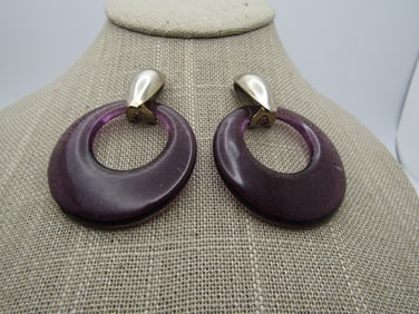 Vintage Purple Glass Drop Hoop Stud Earrings, 1980's-1990's