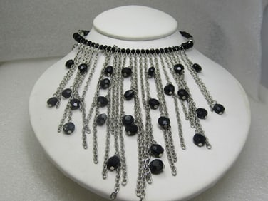Vintage Chain & Bead Drop Bib Necklace, 21"