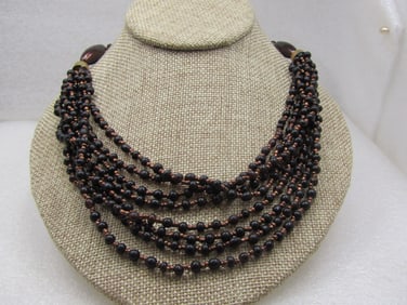 Vintage Black & Copper Beaded Necklace, Multi-Strand