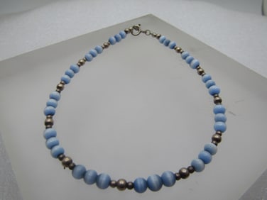 Sterling Blue Cateye Beaded Bracelet/Anklet, 9", 1980's-1990's. The beads are appx. 4mm wide