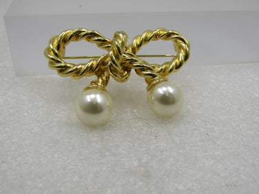 Vintage Rope Bow & Faux Pearl Brooch, 1980's-1990's, 2"