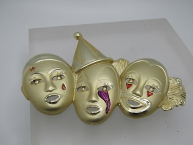 Vintage Three Clowns Brooch, Signed AJC Deco Themed, 1980's-1990's