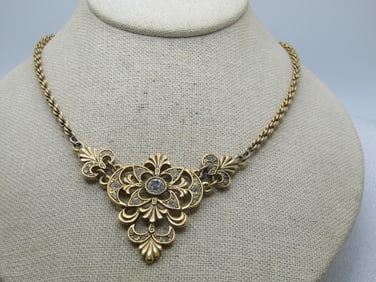 Vintage V Drop Necklace, Clear Rhinestones, 19", 1980's-1990's