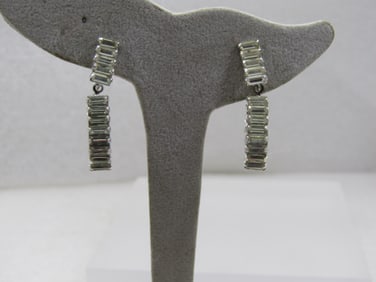 Vintage Rhinestone Baguette Clip Earrings, Stud & Drop Hoop, 1.25" long.