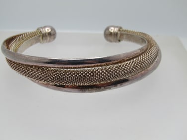 Vintage Silver Plated Cuff Bracelet, 6.75", Mesh and Solid, 1980's-1990's