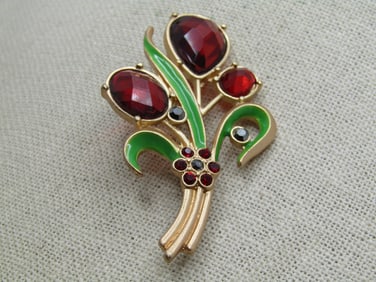 Vintage Rhinestone & Enameled Floral Brooch, 1980's-1990's