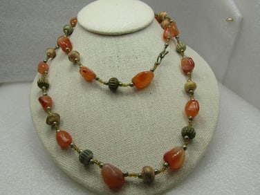 Vintage Orange Agate & Carved & Painted Beaded Necklace, 34", Hook Clasp, 1970's-1980's