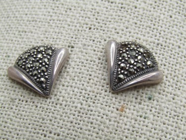 Vintage Sterling Marcasite Earrings, Pierced, Art Deco Themed