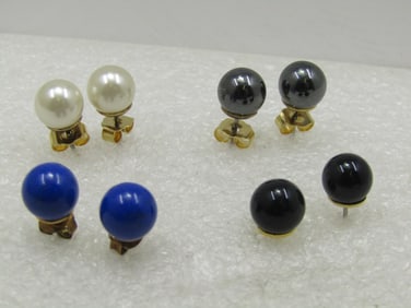 Four Pairs of 8MM Stud Earrings, Pierced, Faux Pearl, Lapiz, Onyx, Hematite
