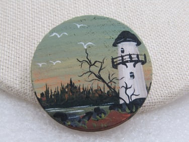 Vintage Hand Painted Lighthouse Brooch on Wood, 1.5"
